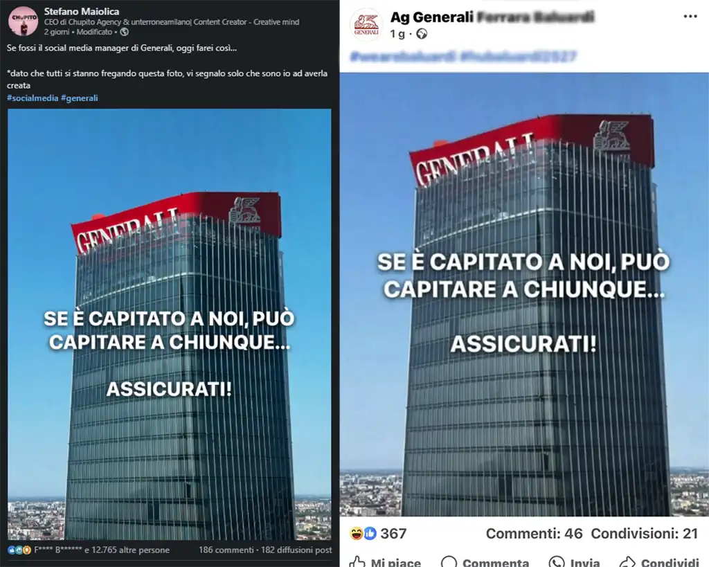 Il post originale e il post copiato da un'Agenzia Generali locale