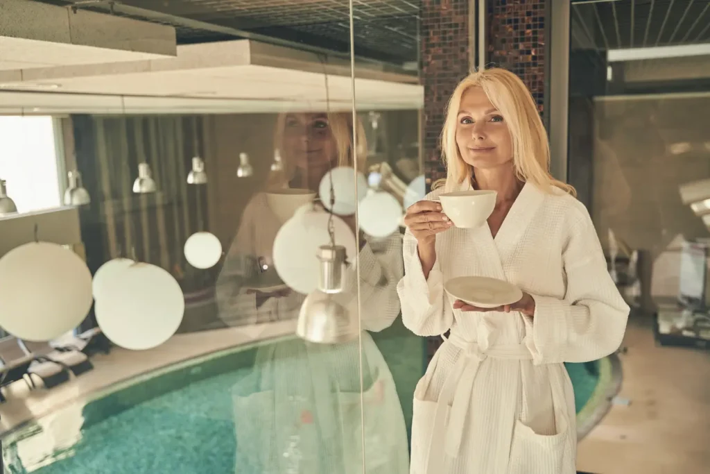 Hotel guest experiencing a boutique hotel pool and relax area